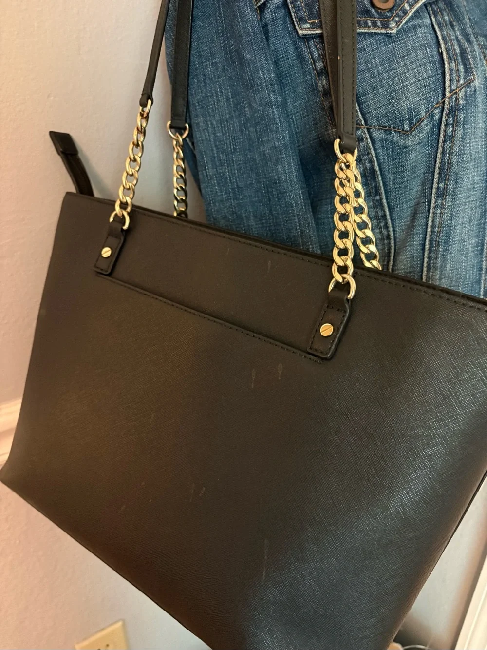 Michael Kors Black Saffiano Leather Tote with Gold Chain Detail